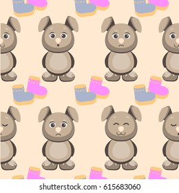 Vector graphic seamless pattern with dogs expressing different emotions and baby stuff. Seamless childhood's pattern on orange background