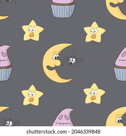 Vector graphic seamless pattern for Halloween holiday. Illustration with moon, stars, cupcakes on a grey background