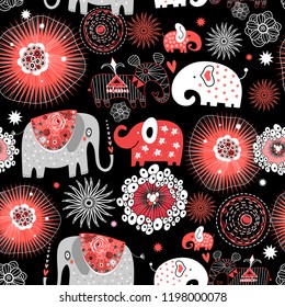 Vector graphic seamless pattern with love elephants among abstract patterns