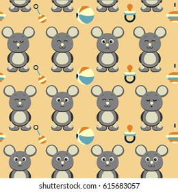 Vector graphic seamless pattern with mouses expressing different emotions and baby stuff. Seamless childhood's pattern on orange background