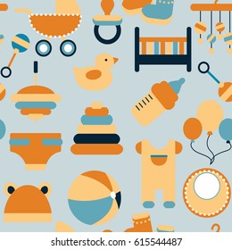 Vector graphic seamless pattern in orange and blue colors. Accessories for child life, baby care, newborn congratulation. Banner with childhood's pattern. 