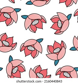 Vector Graphic seamless pattern with pink, red exotic flowers with black outline