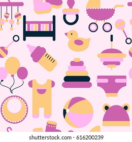 Vector graphic seamless pattern in pink colors. Accessories for child life, baby care, newborn girl congratulation. Banner with childhood's pattern