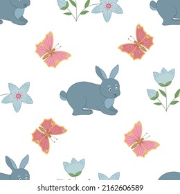 Vector graphic seamless pattern with rabbits and butterfles on a white background