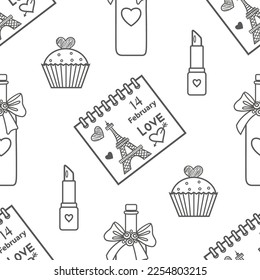 Vector graphic seamless pattern with romantic holiday objects. Bottle of wine, lipstick, calendar, cupcake, ring and perfumes. Good for st. Valentine design