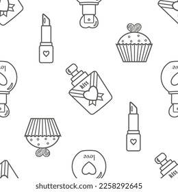Vector graphic seamless pattern with romantic holiday objects. Lipsticks, cupcakes and perfumes. Good for st. Valentine design