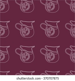 Vector graphic seamless pattern of sangria jug with handle.Cover,advertising template for restaurant identity or cafe menu.Seasonal traditional drink.Citrus fruit drinking.Spanish culture for tourists