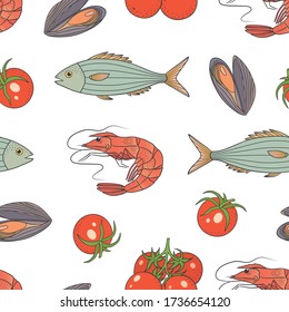 Vector graphic seamless pattern with sea food and tomatoes on a white background