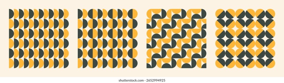 Vector graphic seamless pattern set in bold yellow and dark green colours. Stylish and repetitive background design with split circle elements. Endless abstraction perfect for branding, print, textile