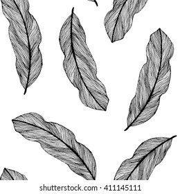 Vector graphic seamless pattern from silhouette leaves houseplant hand-drawn in a linear style. Seamless texture of sketch feathers isolated on white background. For wrapping paper, fabric, textile.