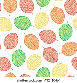 Vector graphic seamless pattern from silhouette leaves hand-drawn in a doodle zentangle style. Trace ink drawing of a tree leaf colorful seamless texture. Wrapping paper, fabric