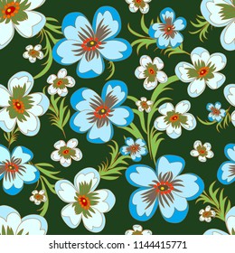 Vector graphic seamless pattern Simple Flowers. Beautiful hand-drawn background for print, fabric, wallpaper, website, presentation, etc.