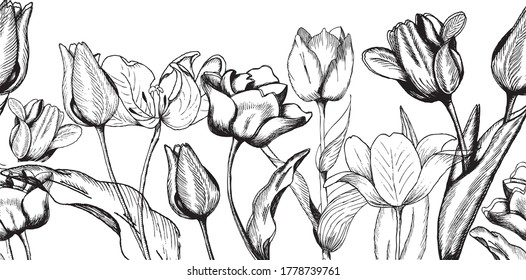 Vector graphic seamless pattern of spring black and white tulips isolated on the white background