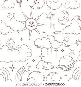 Vector graphic seamless pattern with sun, moon, clouds, stars, planet and rainbow.Cartoon design.