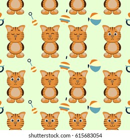 Vector graphic seamless pattern with tigers expressing different emotions and baby stuff. Seamless childhood's pattern on green background