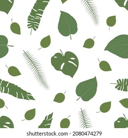 Vector graphic seamless pattern with tropical leaves on a white background