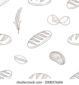 Vector graphic seamless pattern with various bread on a white background