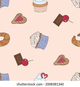 Vector graphic seamless pattern with various sweets and cakes on a light green background