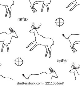 Vector Graphic Seamless Pattern With Wild Ancient Animals, Patterns, Totems. Imitation Of Ancient Rock Paintings