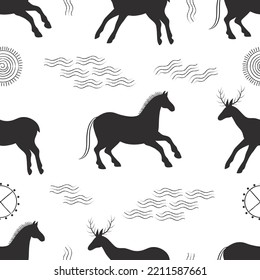 Vector Graphic Seamless Pattern With Wild Ancient Animals, Patterns, Totems. Imitation Of Ancient Rock Paintings