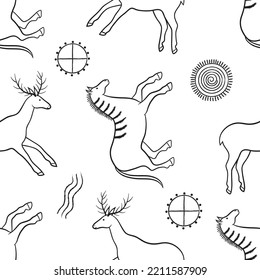 Vector Graphic Seamless Pattern With Wild Ancient Animals, Patterns, Totems. Imitation Of Ancient Rock Paintings