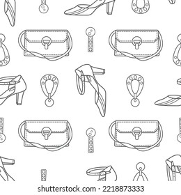 Vector graphic seamless pattern with womens clothing and jewelry. Womens handbags, earrings and shoes