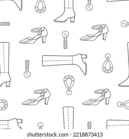 Vector Graphic Seamless Pattern With Womens Clothing And Jewelry. Womens Footwear, Earrings And Shoes