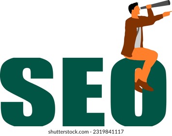 Vector graphic - SEO expert searches keywords with a telescope - Communication