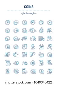 Vector graphic set. 40x40 pixels. Editable stroke size. Flat, contour, thin, linear design. Coins, money, currency. Simple isolated icons. Concept web site illustration, app Sign, symbol, element.