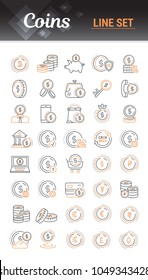 Vector graphic set. 40x40 pixels. Editable stroke size. Flat, contour, thin, linear design. Coins, money, currency. Simple isolated icons. Concept web site illustration, app Sign, symbol, element.