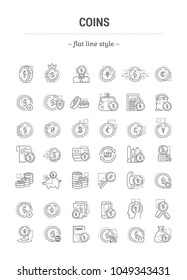 Vector graphic set. 40x40 pixels. Editable stroke size. Flat, contour, thin, linear design. Coins, money, currency. Simple isolated icons. Concept web site illustration, app Sign, symbol, element.