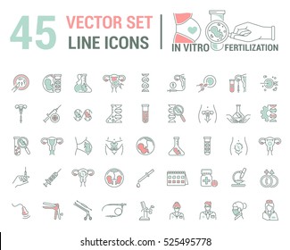 Vector graphic set. Artificial insemination, bioengineering, biotechnology. Birth of embryo in linear, flat, contour, thin design.