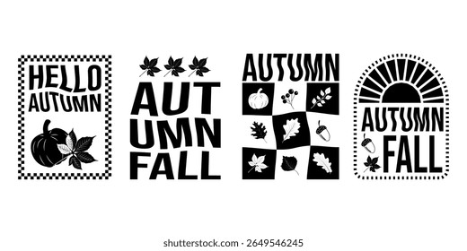 vector graphic set for autumn fall with black and white color, vector print. for t-shirt design, poster, badge