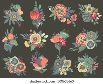 Vector graphic set with beautiful floral bouquets. Colorful collection for greeting, Save the Date cards, wedding invitations