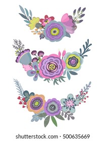 Vector graphic set with beautiful, floral wreaths. Colorful collection for greeting, Save the Date cards, wedding invitations