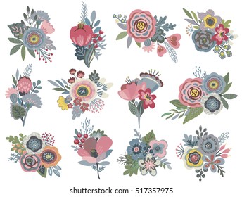 Vector graphic set with beautiful floral bouquets. Colorful collection for greeting, Save the Date cards, wedding invitations