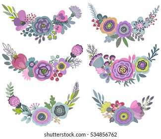 Vector graphic set with beautiful, floral wreaths. Colorful collection for greeting, Save the Date cards, wedding invitations.