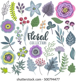 Vector graphic set with beautiful flowers, leaves, branches, berries. Colorful collection for greeting, Save the Date cards, wedding invitations, patterns