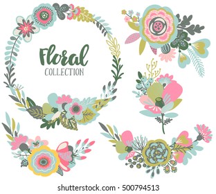Conjunto gráfico de Vector con hermosas flores, corona floral, ramos. Colección Guardar colorida para el saludo, las tarjetas de fecha, invitaciones de boda.