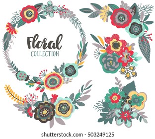 Vector graphic set with beautiful flowers, floral wreath, bouquets. Colorful collection for greeting, Save the Date cards, wedding invitations.