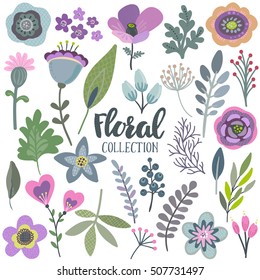 Vector graphic set with beautiful flowers, leaves, branches, berries. Colorful collection for greeting, Save the Date cards, wedding invitations, patterns.