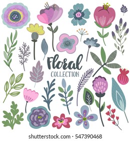Vector graphic set with beautiful flowers, leaves, branches, berries. Colorful collection for greeting, Save the Date cards, wedding invitations, patterns