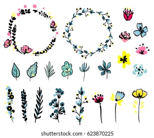 Vector graphic set with beautiful flowers, leaves, branches, berries. Colorful collection for greeting,