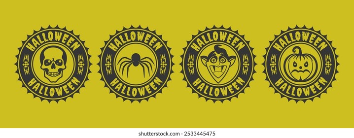 Conjunto gráfico de Vector de sellos de vacaciones redondos negros. Halloween. Colección de iconos, insignias o emblemas de miedo. Cráneo humano, araña, dibujos animados Conde Drácula y calabaza malvada. Fondo venenoso aislado.