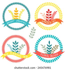 Vector graphic set of bright wreathes, branches and ribbons. Floral vintage elements for design isolated on white. Wedding romantic collection.