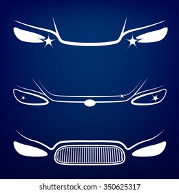 Vector graphic set of car head lights isolated icons. Editable illustration. Automotive collection in white color on a dark blue background.