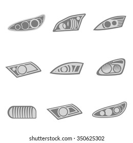 Vector graphic set of car headlights isolated icons in gray color. Editable illustration. Automotive collection useful for pictogram, sign and logotype design.