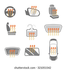 Vector graphic set of car heating pack isolated icons. Editable illustration. Automotive collection in grey and orange colors.