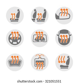 Vector graphic set of car heating pack isolated icons. Editable illustration. Automotive collection in grey and orange colors.