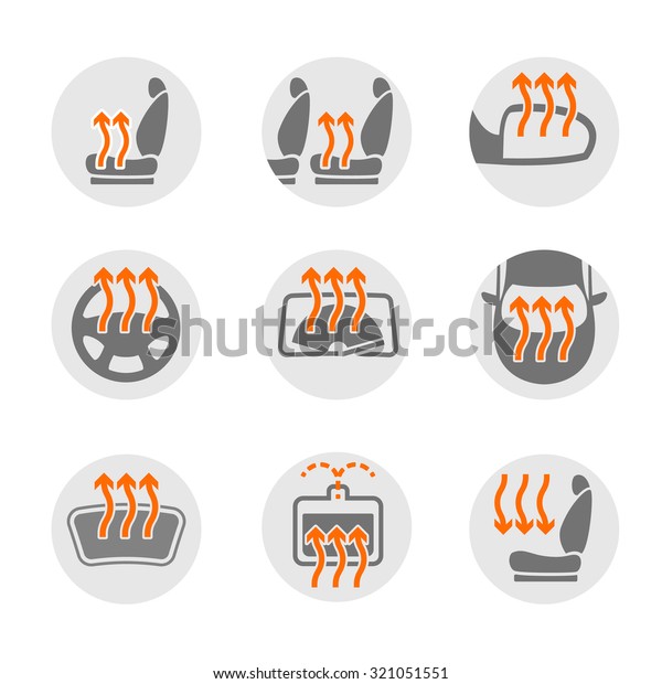 Vector graphic set of car heating pack isolated\
icons. Editable illustration. Automotive collection in grey and\
orange colors.